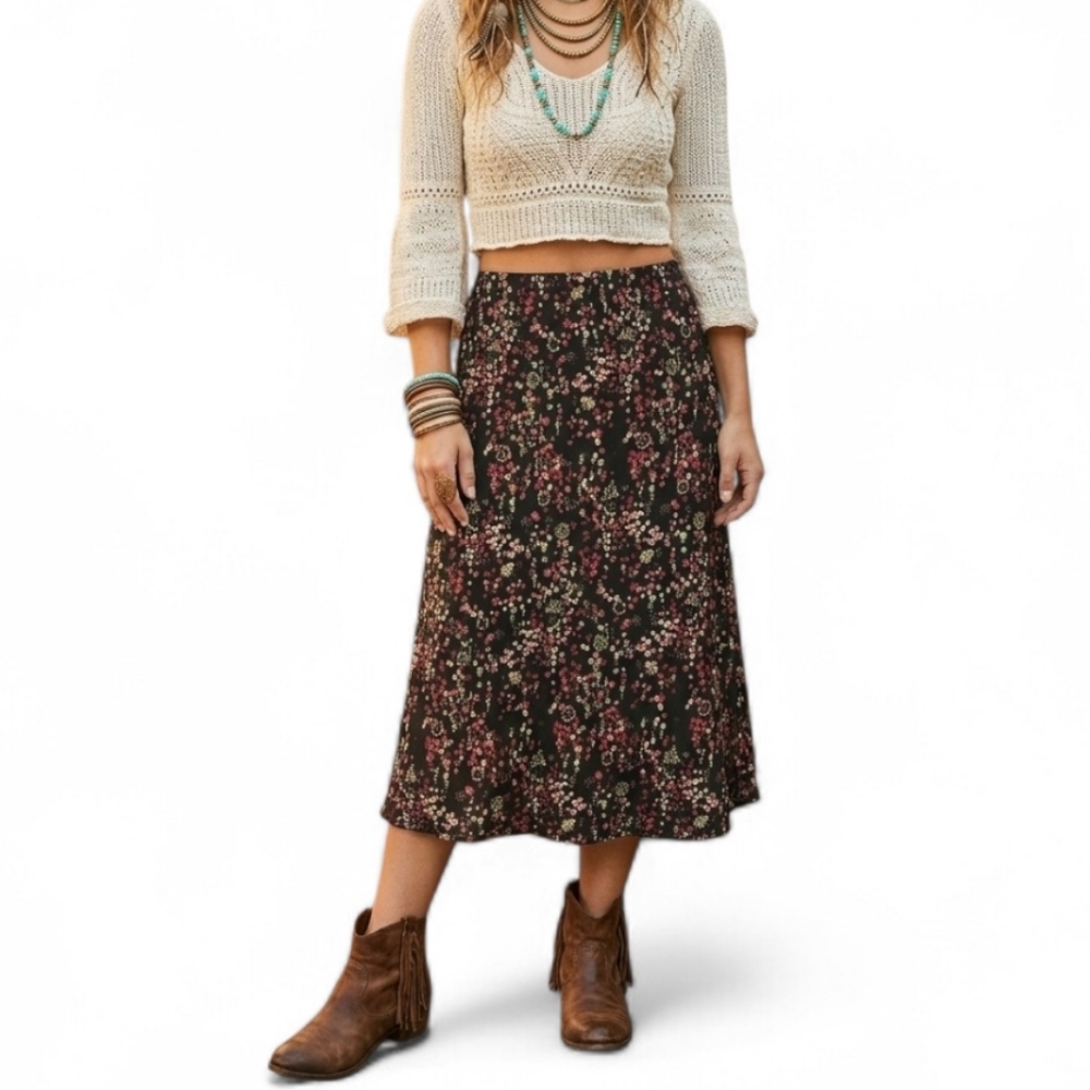 Vintage My Michelle Y2K Floral Midi Skirt M Black Pink Ditsy Grunge Fairycore